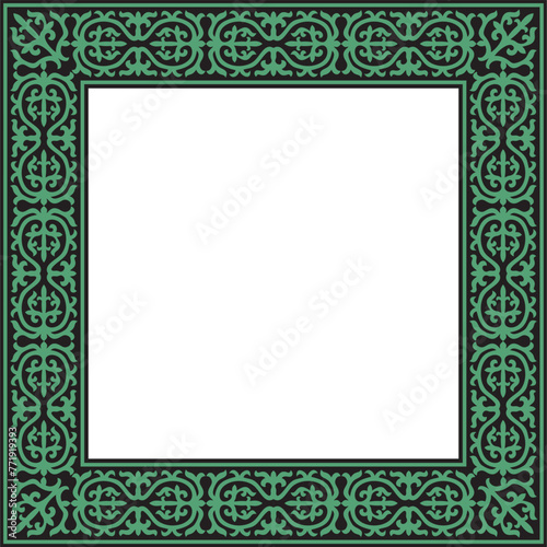 Vector green with black Square Kazakh national ornament. Ethnic pattern of the peoples of the Great Steppe, .Mongols, Kyrgyz, Kalmyks, Buryats. Square frame border.