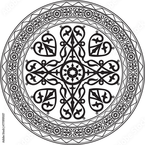 Vector round monochrome Yakut national ornament. Ethnic circle pattern of the peoples of the Far North, Siberia, taiga and tundra