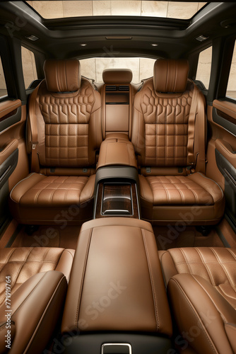 Luxurious front view of brown leather back passenger seats in modern stylish luxury car © pijav4uk