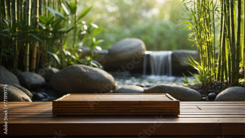 Bamboo product display podium for natural product. Empty outdoors scene with bamboo branch.