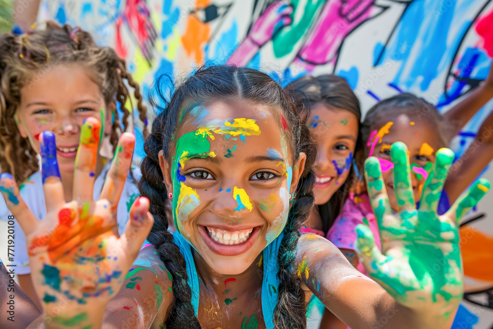 Fototapeta premium Children of diverse backgrounds painting a large mural together.