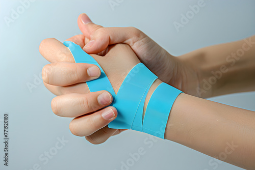 Instructional Demonstration of Applying Kinesiology Therapeutic Tape on Wrist photo