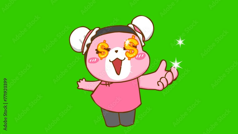 Ask for money animation, pink baer on green screen Ask for money animation, pink baer on green screen