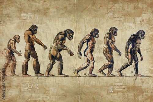 Human evolution, from primates to modern man, cultural development, historically rich illustration photo