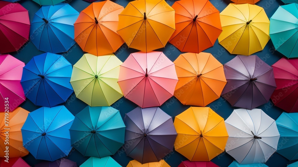 A vibrant spectrum of colorful umbrellas opened against the backdrop A vibrant spectrum of colorful umbrellas opened against the backdrop
