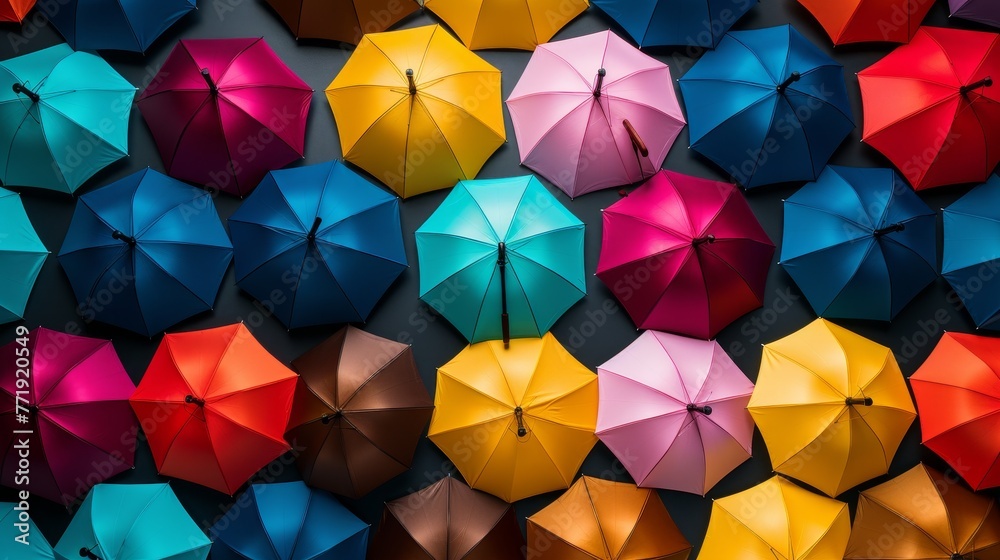 A vibrant spectrum of colorful umbrellas opened against the backdrop A vibrant spectrum of colorful umbrellas opened against the backdrop