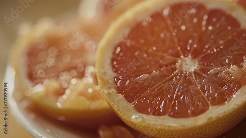 Sliced grapefruit  known for its tangy-sweet flavor and refreshing citrus aroma.