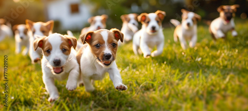 Joyful jack russell puppies frolicking on green grass near cozy home photo