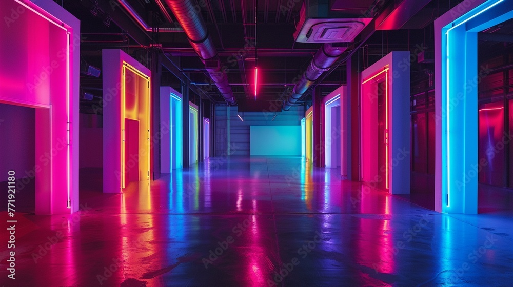 Studio space illuminated by vibrant neon lights, casting a colorful glow on the surroundings.
