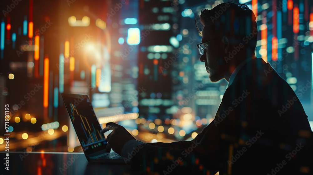 Opulent forex trader at laptop, skyscraper office, background of rising profit charts, cinematic light