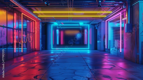 Studio space illuminated by vibrant neon lights  casting a colorful glow on the surroundings.