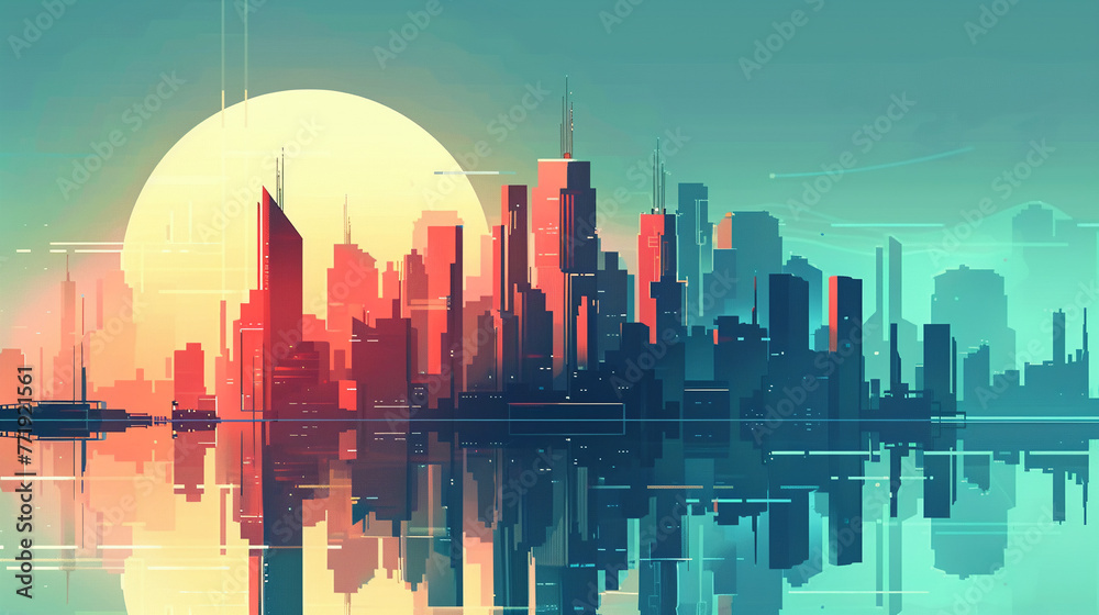 Simplistic future cityscape, vector design, hi-tech sky background, flat color blocks, clean lines