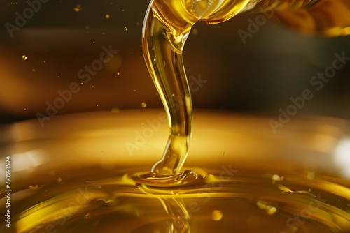 A close-up shot of golden olive oil being poured into a bowl