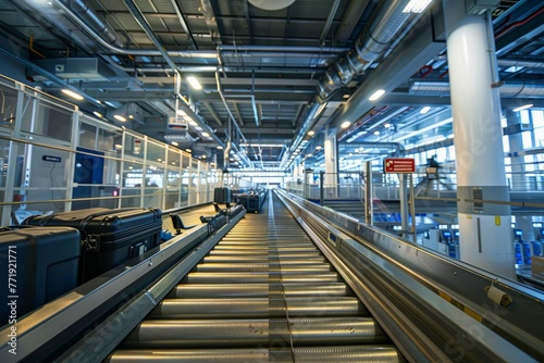 A line of suitcases and bags placed on top of a moving conveyor belt in a commercial setting, likely part of the baggage handling process