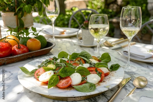 Caprese salad with tomatoes and mozzarella arranged on a marble table in an outdoor dining setting