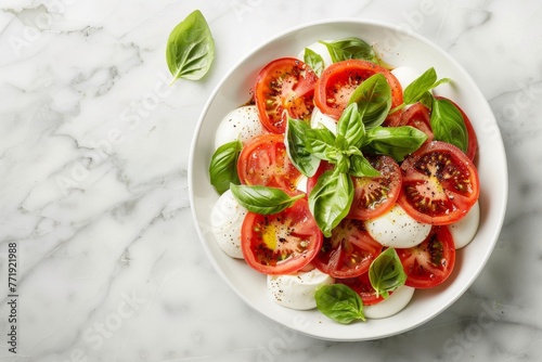 A white bowl brimming with fresh tomatoes and basil leaves, creating a colorful and appetizing display