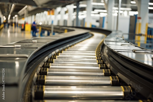 Side view of conveyor belts at a train station, transporting luggage and goods efficiently