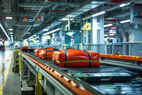 A conveyor belt moving various pieces of luggage through an airports baggage handling system photo