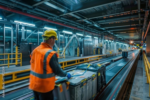 A man wearing an orange safety vest and hard hat stands next to a conveyor, overseeing the transportation of goods