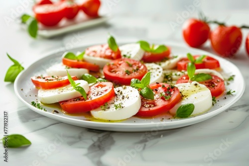 White plate with sliced tomatoes and mozzarella on top