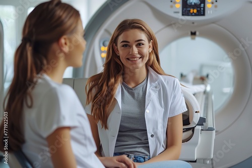 A female patient is being expressed to and given feedback by the female doctor who is standing next to her in the MRI machine and space, Generative AI.