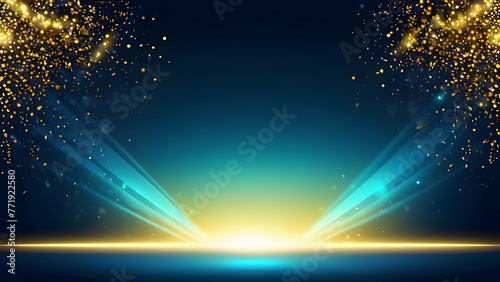 Golden blue background with light neon effects with bokeh decorations. Luxury scene concept.