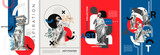 Stylish posters with watercolor antique statues and geometric shapes