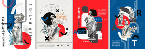 Stylish posters with watercolor antique statues and geometric shapes