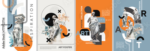 Stylish posters with watercolor antique statues and geometric shapes