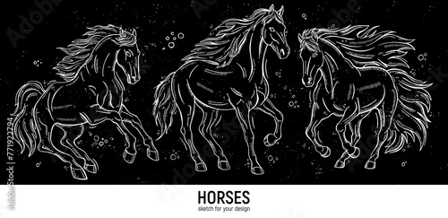 Set of hand-drawn horses sketches.