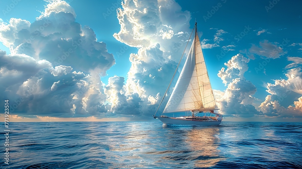 A mini white sailboat in sea with a lots of space and in a daylight a beautiful landscape, Generative AI.