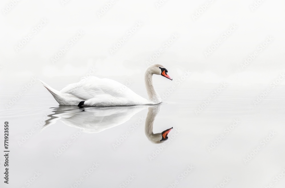 Obraz premium Graceful Swan Swimming on Calm Water, its Reflection Visible, Isolated on White. Generative AI.