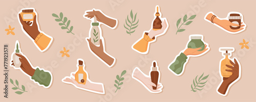 Fototapeta Naklejka Na Ścianę i Meble -  Hand holds natural beauty product sticker pack, minimal cleansing cosmetic label set, isolated eco skin care oil tube, cartoon moisturizing skincare cream bottle patch collection, vector illustration.