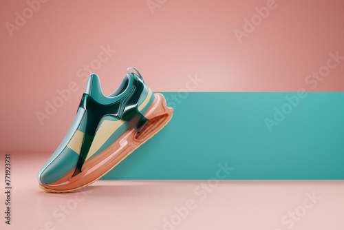 3d illustration of colorful   sneakers with foam soles and closure under neon color on a  pink background. Sneakers side view. Fashionable sneakers. photo