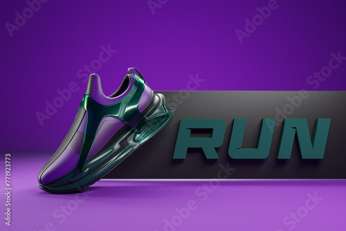 3d illustration of colorful new sports sneakers on a huge foam sole with the inscription run, sneakers in ugly style. Fashionable sneakers.