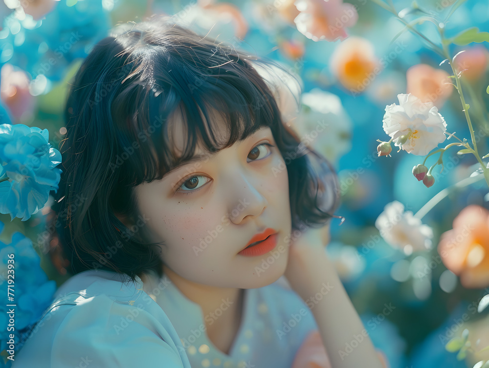 花の中の儚げな美しさを持つ日本人女性 花の中の儚げな美しさを持つ日本人女性