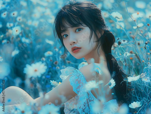 花の中の儚げな美しさを持つ日本人女性 photo