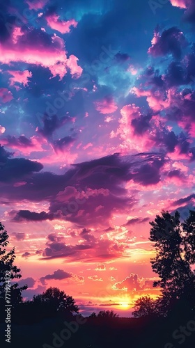 A beautiful sunset with a pink and blue sky