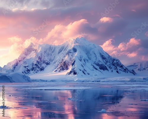 A mountain range with a pink and purple sky in the background