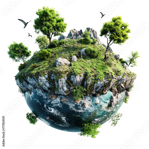 3d illustration of floating fantasy green grass island with plant earth eco friendly, isolated on white background, png
