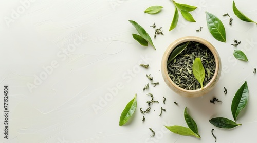 A rounded white dish of leaves for herbal tea made from bamboo over a white backdrop lush greenery herbs and space, Generative AI.