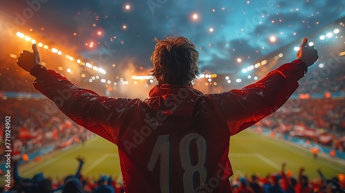 Back view fans raising arms while celebrating victory in soccer stadium. Generative AI
