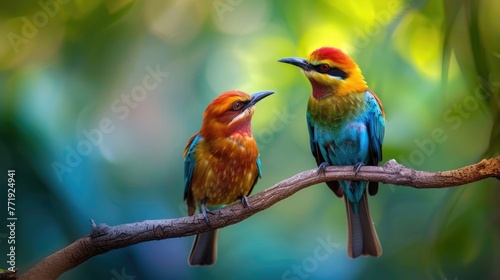 Two colorful birds are perched on a branch, one of which is blue