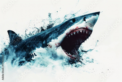 Abstract art of a shark with intense contrast, depicted in motion with splashes of blue and white,ai generated