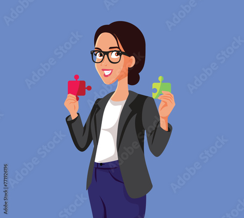 Smart Businesswoman Holding Two Pieces of Puzzle Vector Character. Female entrepreneur finding the best solution to marketing problems 
