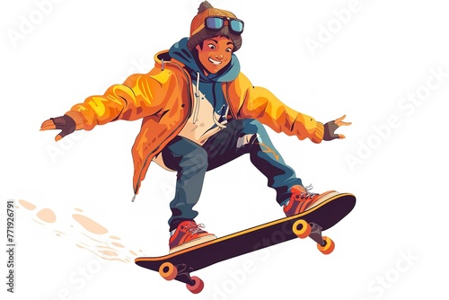 An vector image of a young man riding a skateboard and dressed cool stylishly emerges over a white backdrop and space, Generative AI.