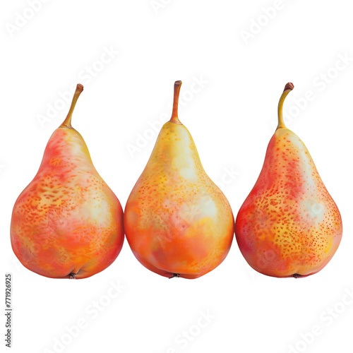 Three ripe pears arranged in a row on a transparent background