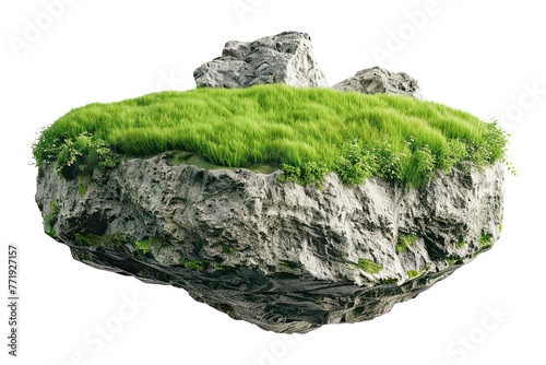 3d illustration of flying paradise rock floating island with green grass field, isolated on white background, png