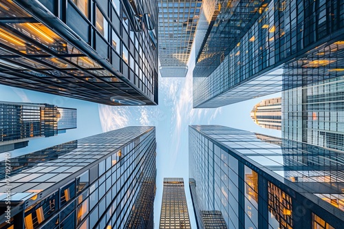 Vertical panoramas capturing the towering heights of skyscrapers and high-rise buildings, showcasing their sleek facades, reflective glass surfaces