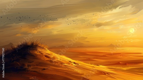 A painting of a desert landscape with a hill and a sun in the sky